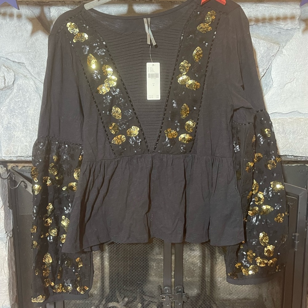Anthropologie Black Blouse with Gold detailing